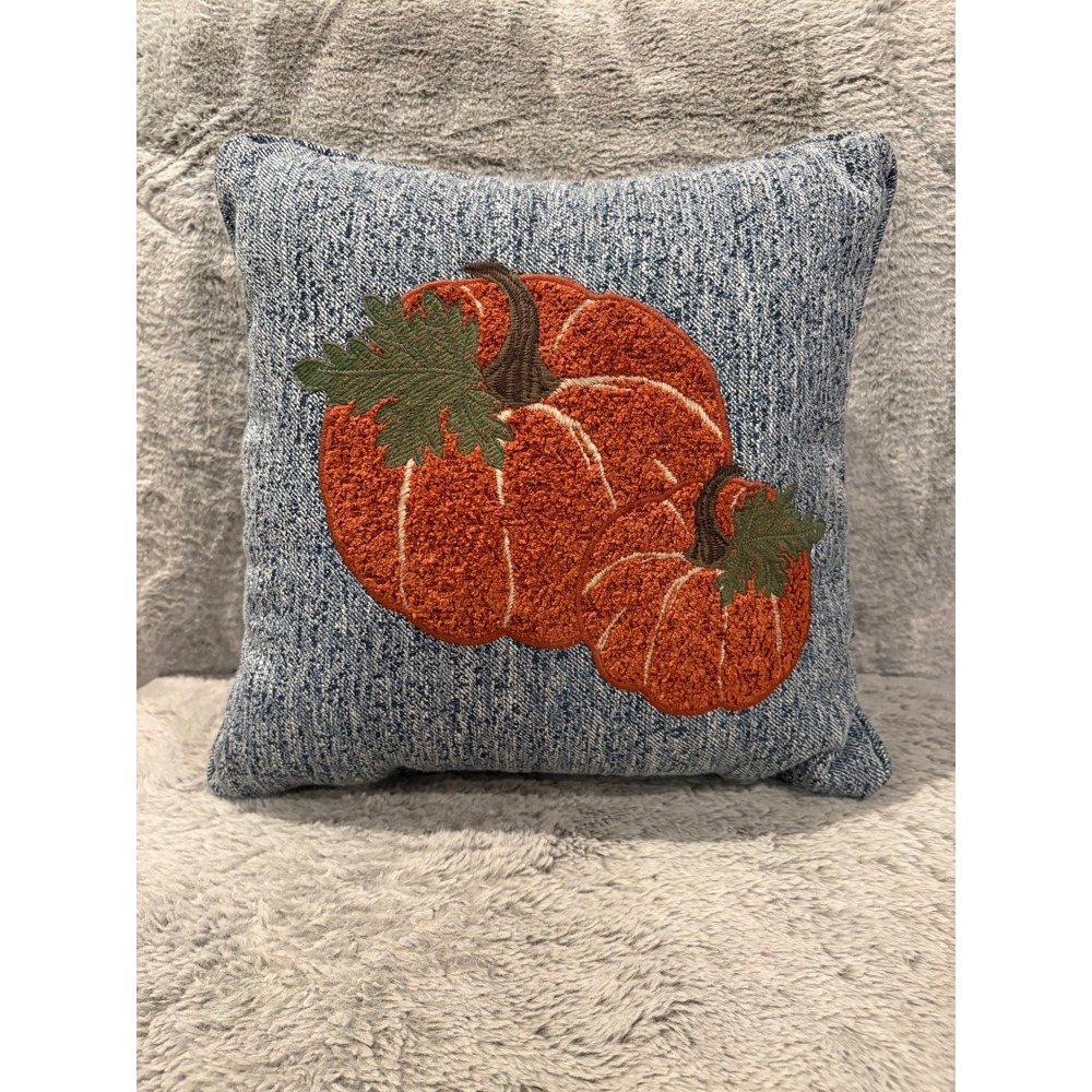 Blue Heathered Pumpkin Embroidered Throw Pillow Fall Autumn Decor‎ Accent